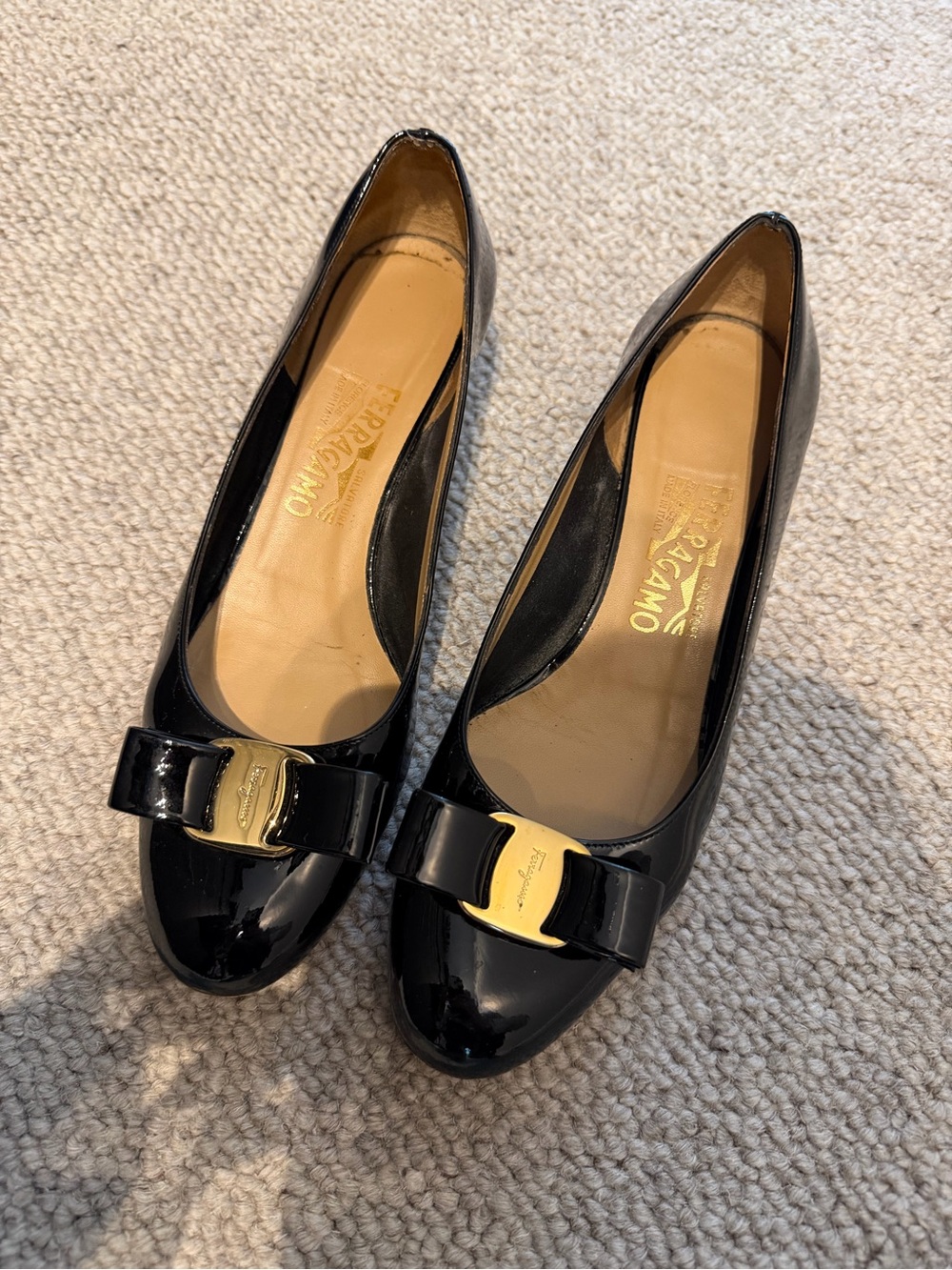 Salvatore Ferragamo Black Patent Vara Bow Flats with Gold Hardware